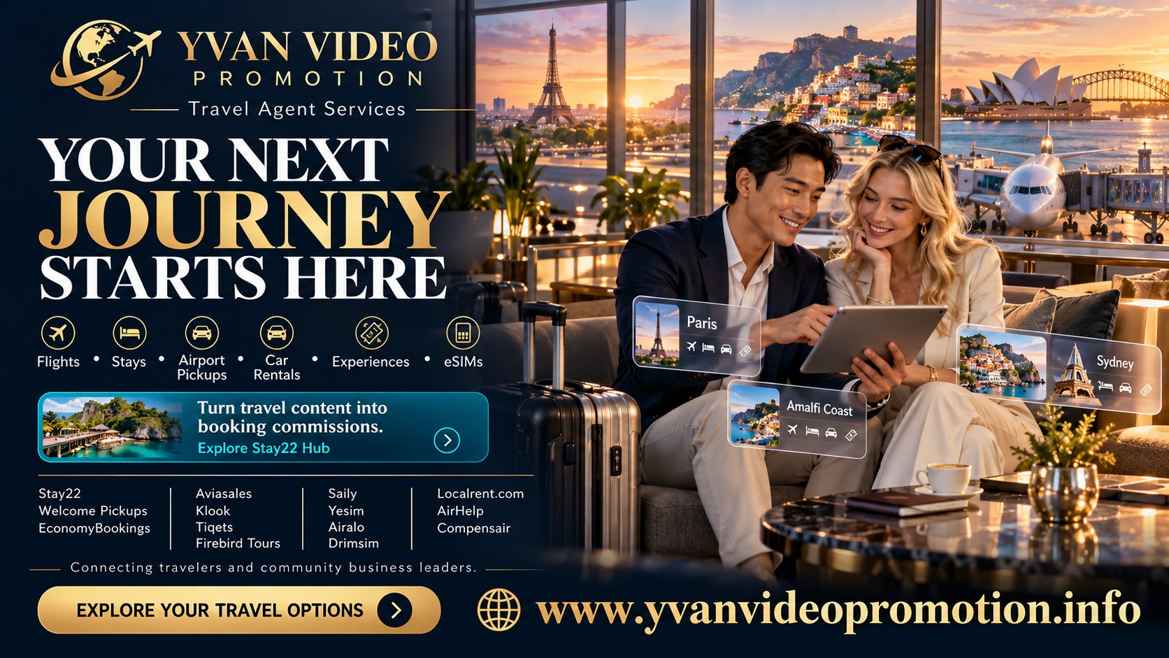 Yvan Video Promotion Travel Agent Services — Your next journey starts here: flights, stays, airport pickups, car rentals, experiences and eSIMs